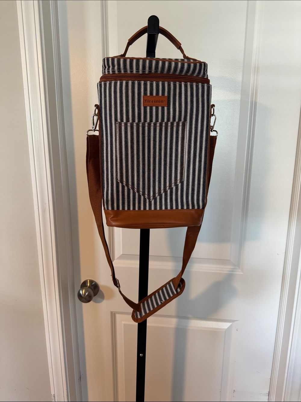 Striped Canvas Tote wine two bottle carrier with Brown Leather Trim
